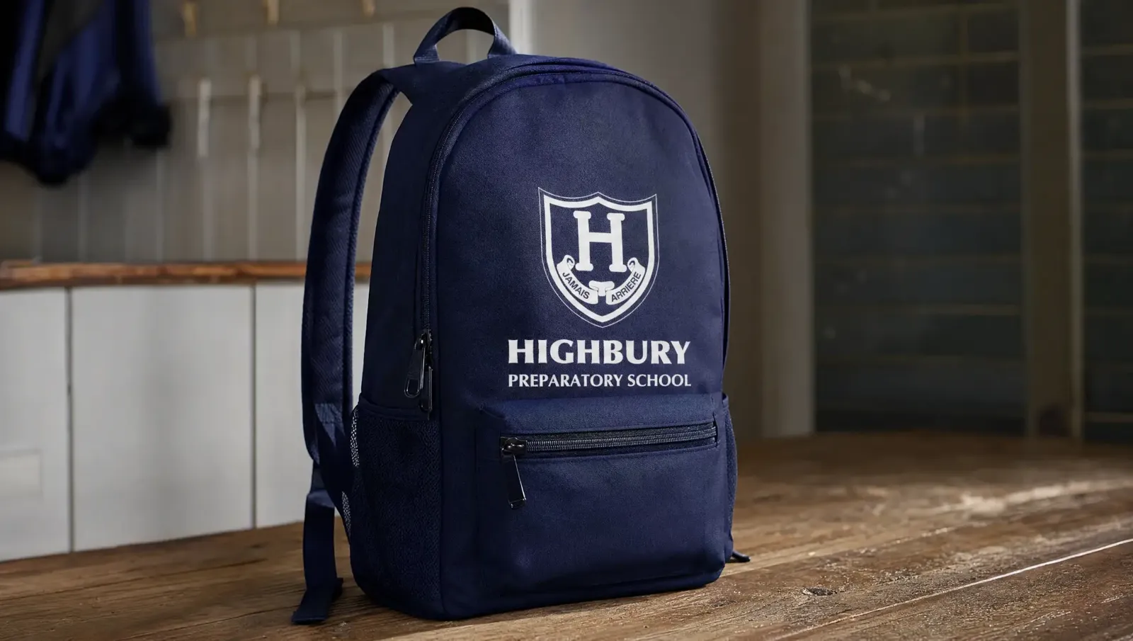 Highbury Preparatory School branded navy backpack