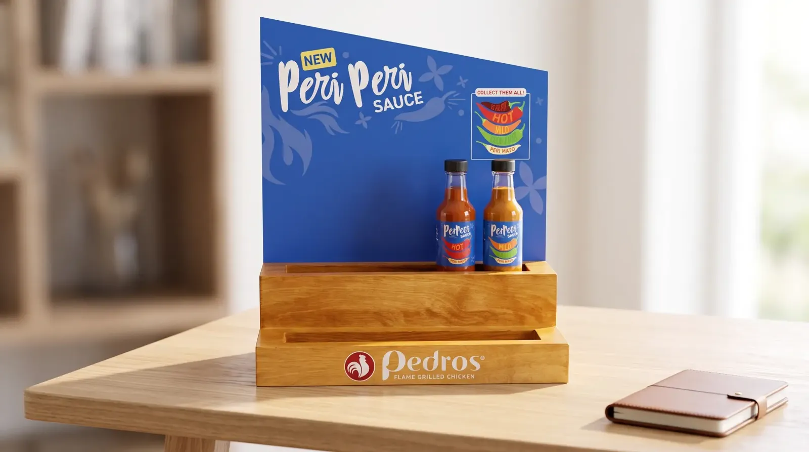 Custom wooden Pedros peri peri sauce display stand with branded header board