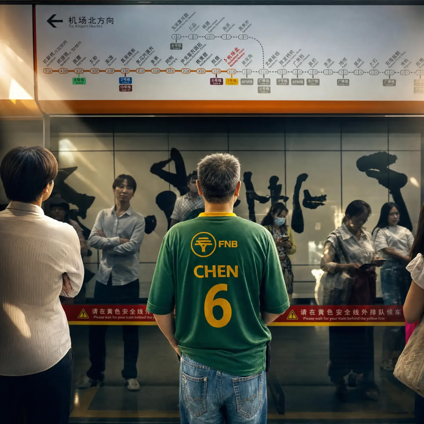 Commuter in a green personalised FNB supporters' jersey on a China metro platform