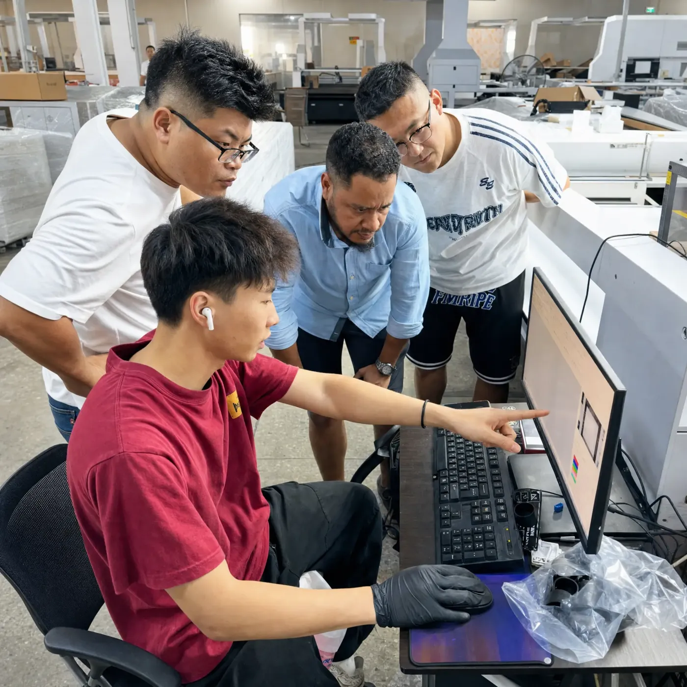 JIMBU China team reviewing production files at a factory workstation