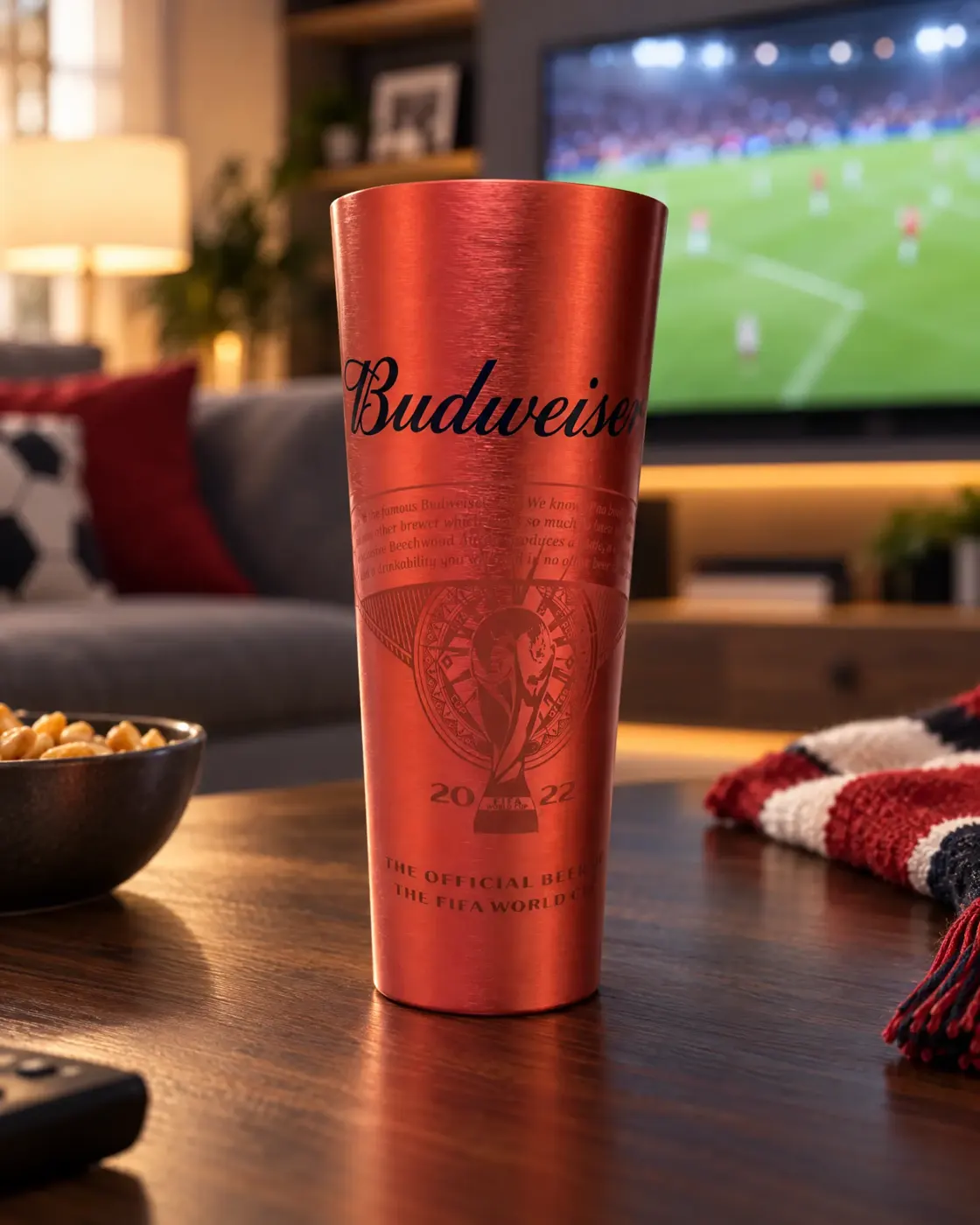 Red Budweiser FIFA World Cup branded metal cup on a coffee table