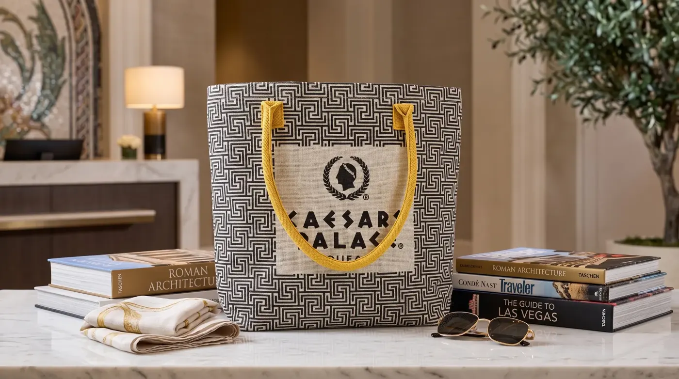 Caesars Palace branded jute tote bag with yellow handles