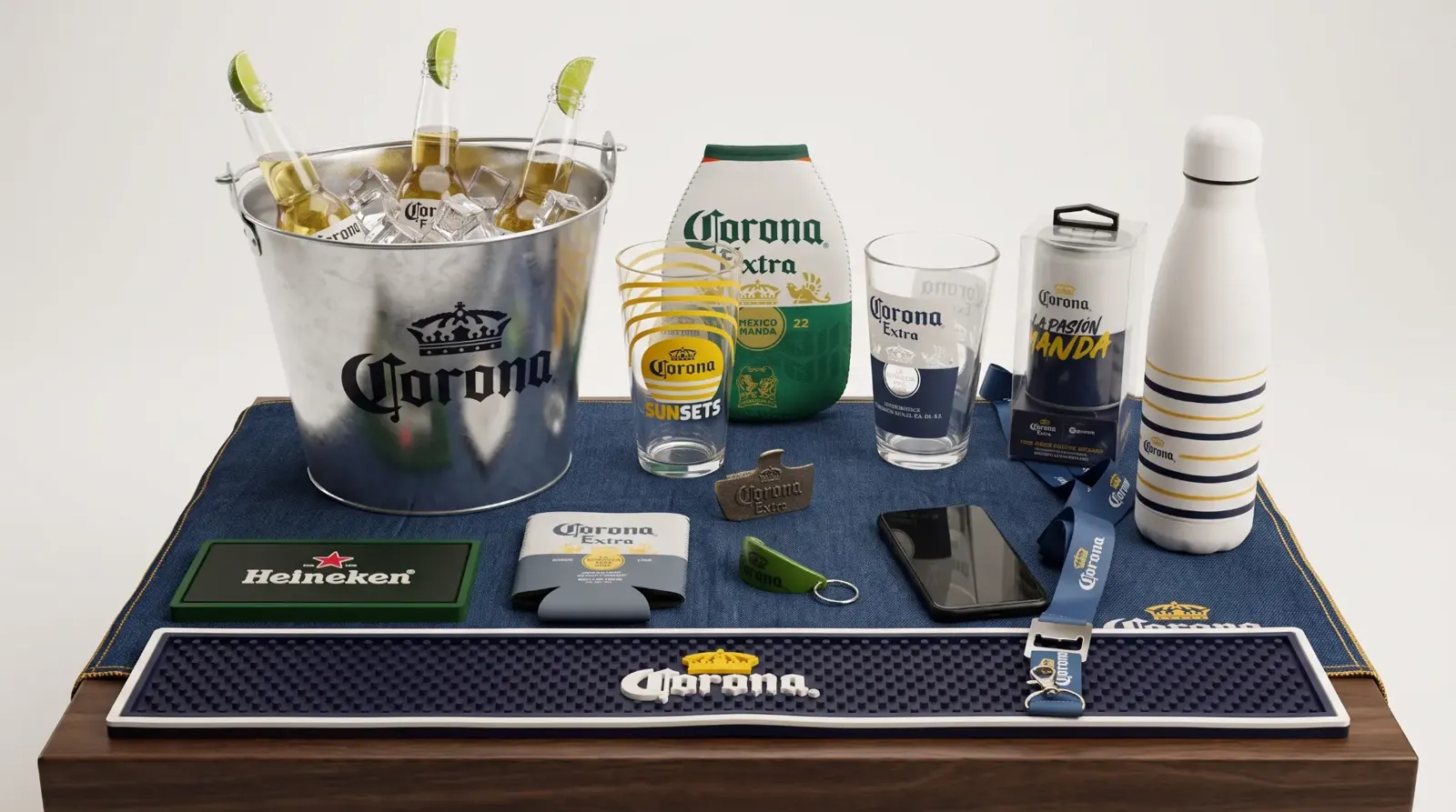 Corona branded bar merchandise - ice bucket, glassware, bottle coolers, openers, lanyard, bottle and bar mat