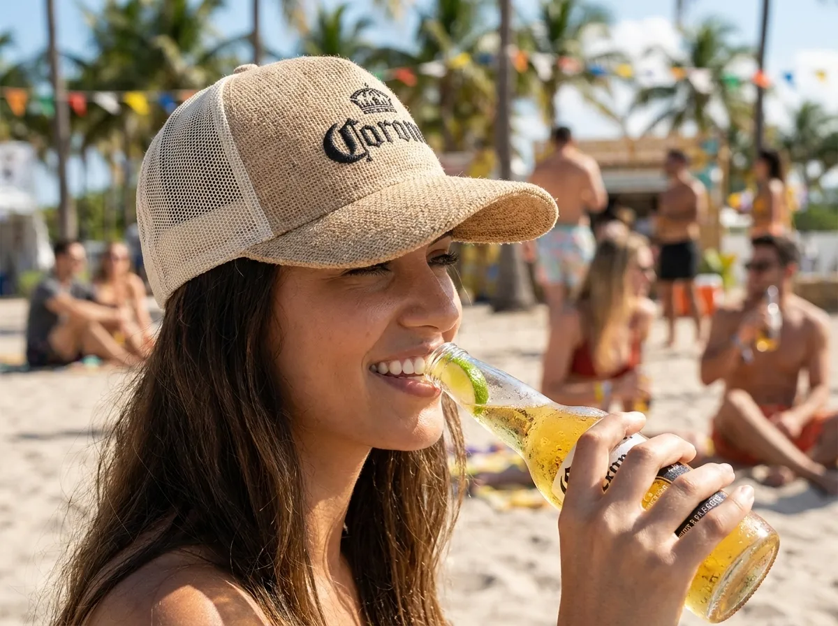 Corona branded woven trucker cap worn at a beach event