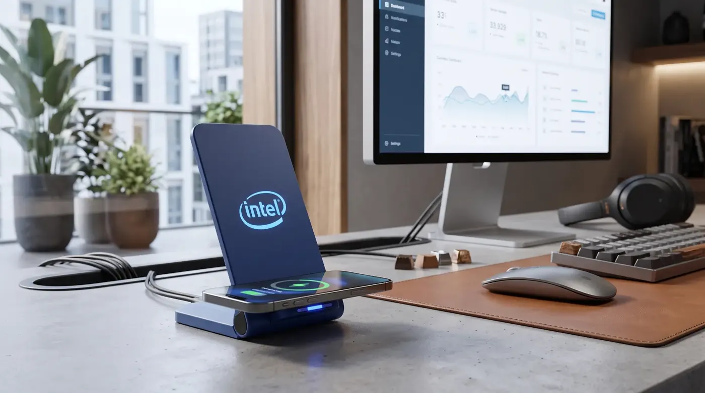 Intel branded wireless phone charging stand on a desk