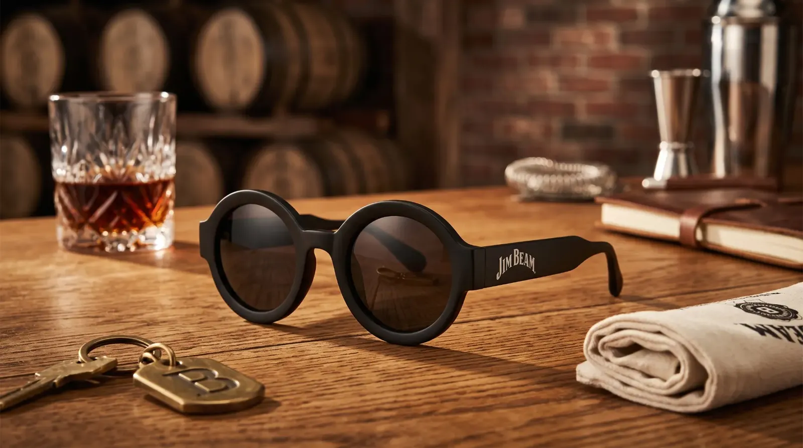 Jim Beam branded black round sunglasses on a bar counter