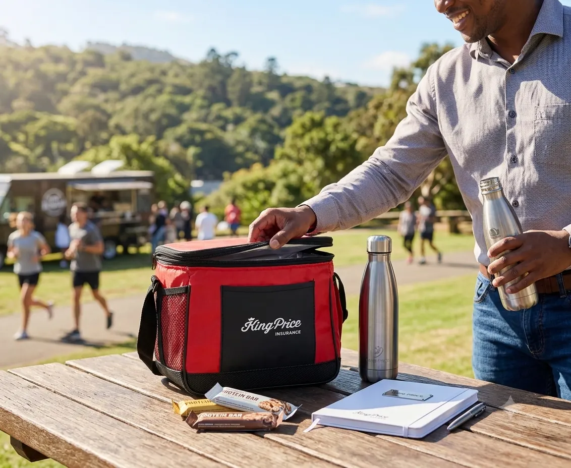 King Price Insurance branded cooler bag, steel bottles and notebook on a picnic table