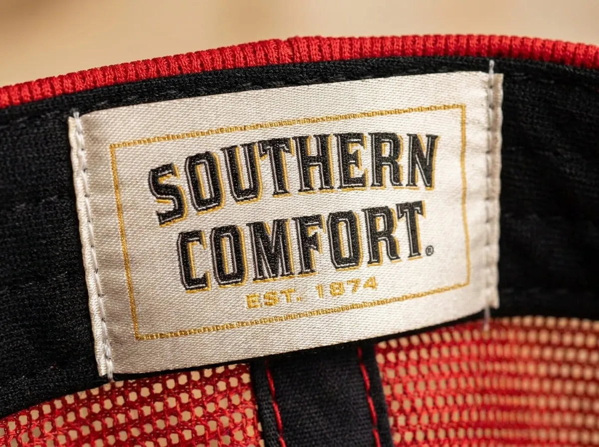 Custom woven Southern Comfort label inside a branded cap