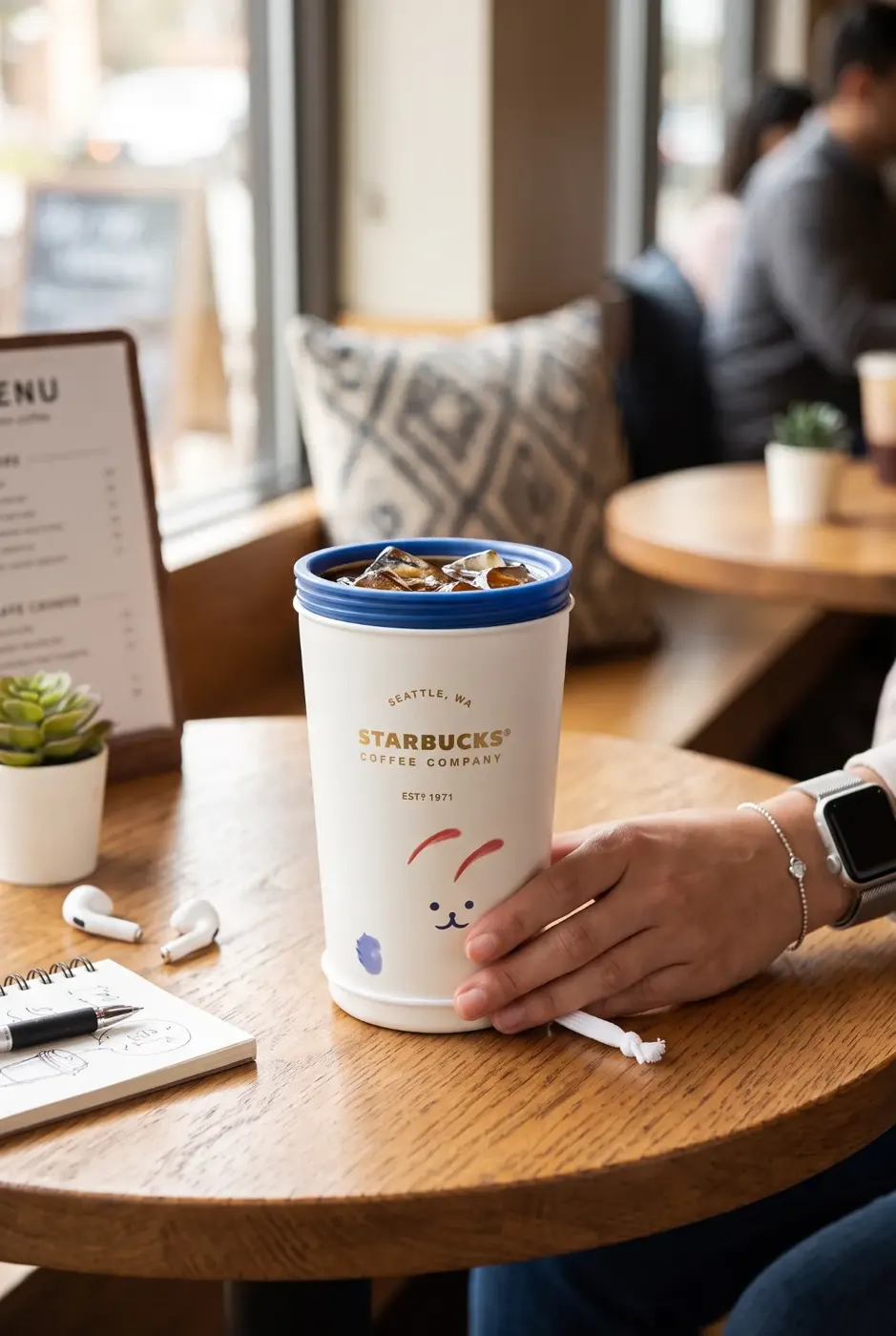 Starbucks branded reusable tumbler with iced coffee on a cafe table