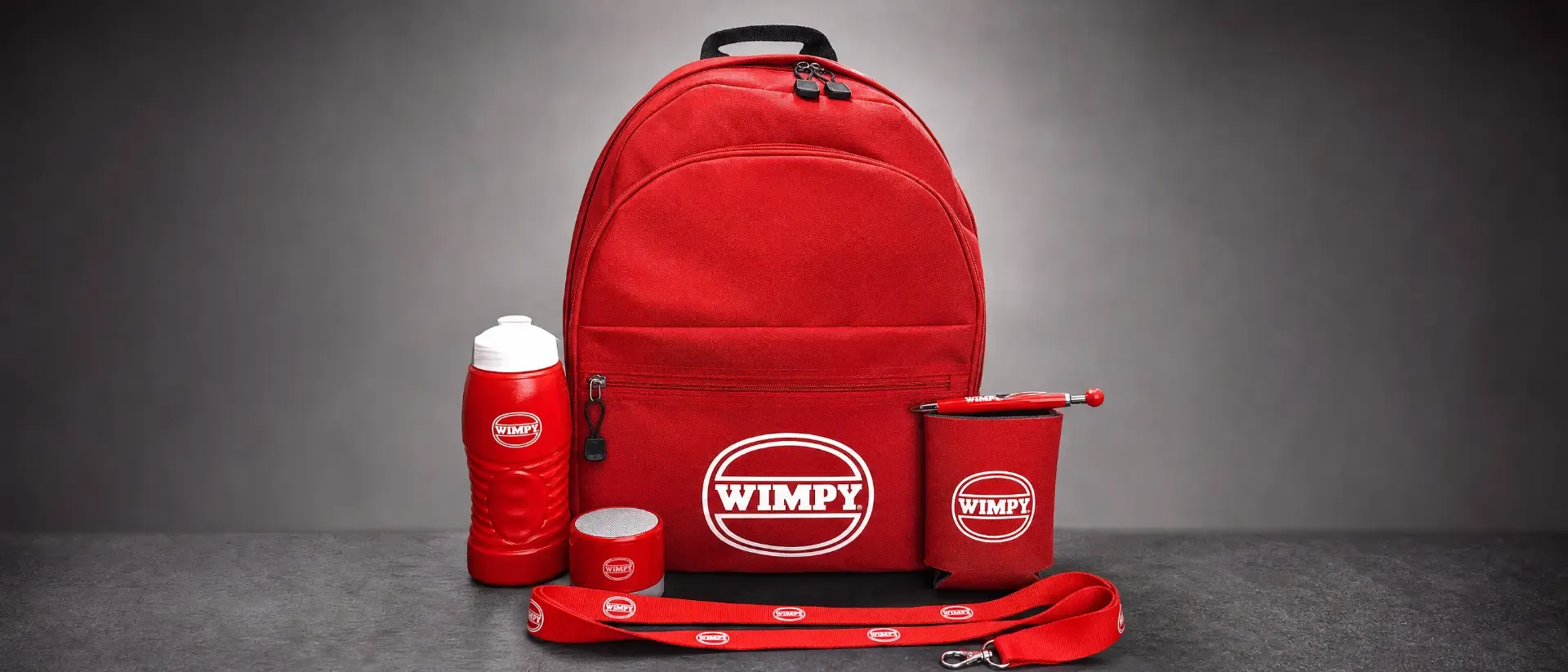Wimpy branded backpack, water bottle, speaker, can cooler, pen and lanyard