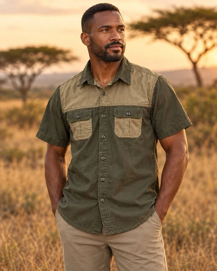 Mens Short Sleeve Serengeti 2-Tone Bush Shirt
